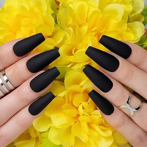 Hypnaughty 24 Pcs Noir Black Matte Luxury Coffin Press on Nails with Glue Medium Long Solid Black Color False Nails (Noir)