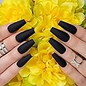 Hypnaughty 24 Pcs Noir Black Matte Luxury Coffin Press on Nails with Glue Medium Long Solid Black Color False Nails (Noir)