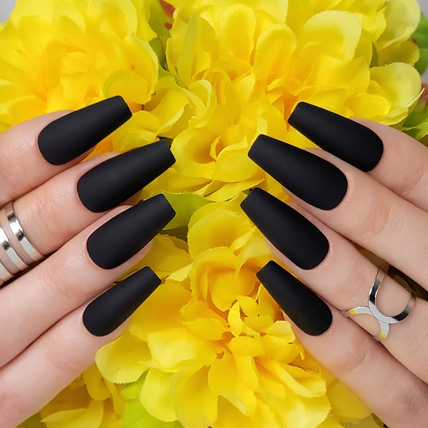 Hypnaughty 24 Pcs Noir Black Matte Luxury Coffin Press on Nails with Glue Medium Long Solid Black Color False Nails (Noir)