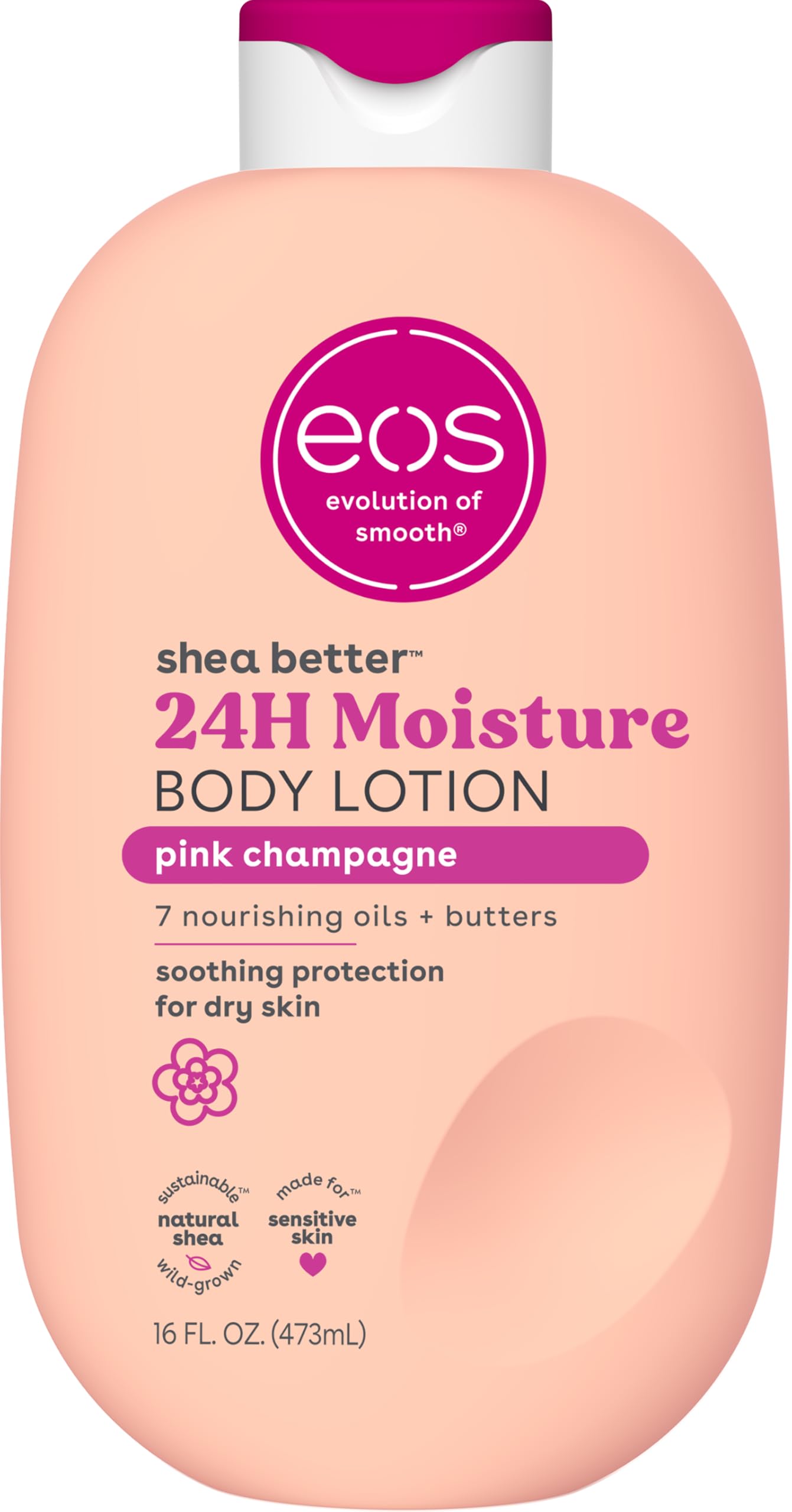 eos Shea Better Body Lotion Pink Champagne, 24-Hour Moisture Skin Care, Lightweight & Non-Greasy, Natural Shea, Vegan, 16 fl oz