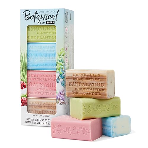 Australian Botanical Soap 8-Pack Variety Bar Soap Set, 6.6 oz Each (8 Bars) - 2 Each: Sandalwood, Sea Salt, Goats Milk Raspberry, Lemongrass & Lemon