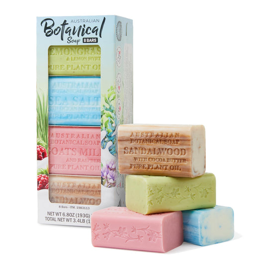 Australian Botanical Soap 8-Pack Variety Bar Soap Set, 6.6 oz Each (8 Bars) - 2 Each: Sandalwood, Sea Salt, Goats Milk Raspberry, Lemongrass & Lemon