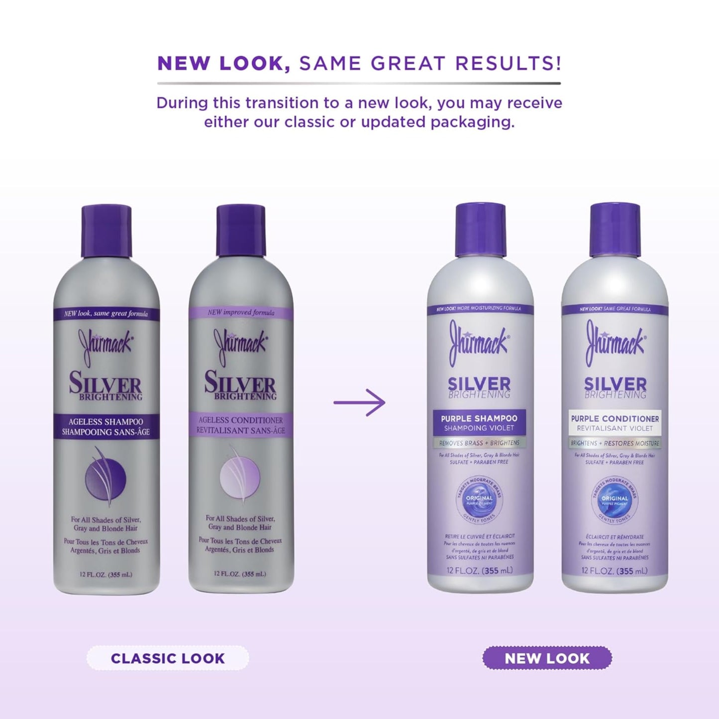 Jhirmack Silver Brightening Purple Shampoo and Conditioner Set for all types of silver, grey, and blonde hair