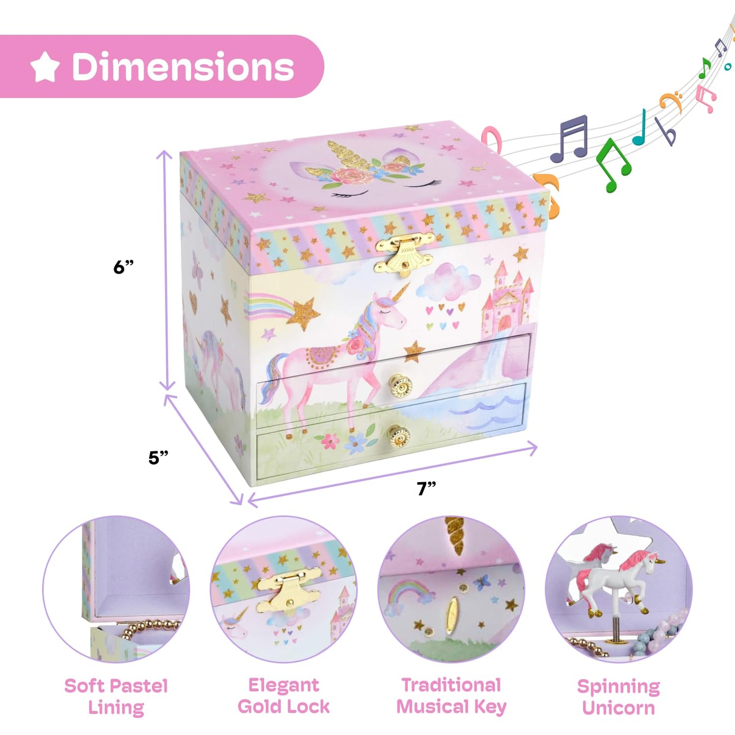 Jewelkeeper Enchanting Unicorn Musical Jewelry Box for Girls - Sparkling Rainbow Design Music Box with 2 Pullout Drawers to Store Earrings, Necklace…