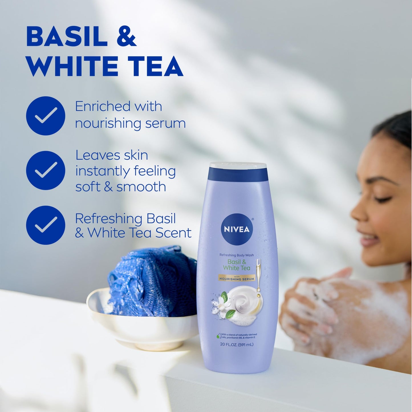 NIVEA Refreshing Basil and White Tea Body Wash with Nourishing Serum, Scented Body Wash for Women, Enriched with Provitamin B5 and Vitamin E, 20 Fl Oz