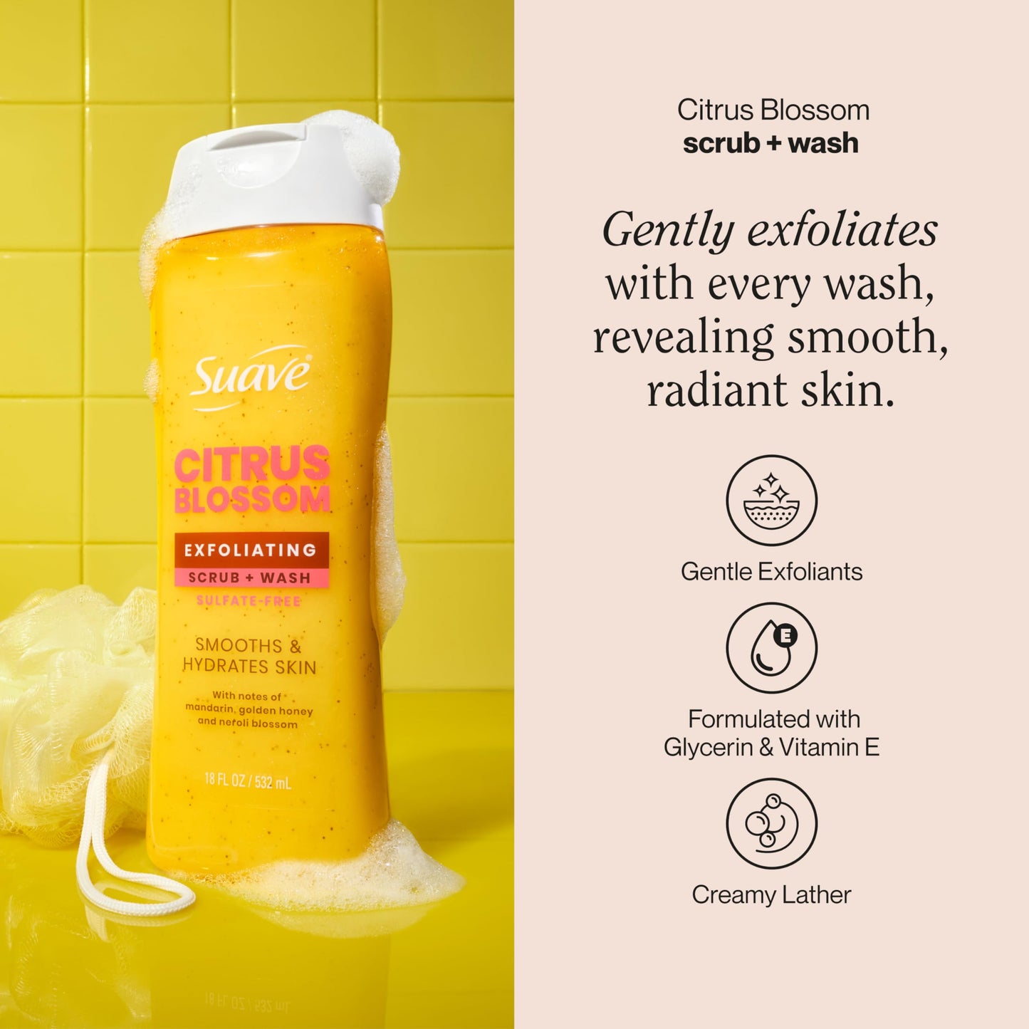 Suave Citrus Blossom Exfoliating Body Wash & Scrub with Glycerin & Vitamin E, Sulfate-Free Hydrating Cleanser for Soft, Smooth Skin, 18 FL OZ