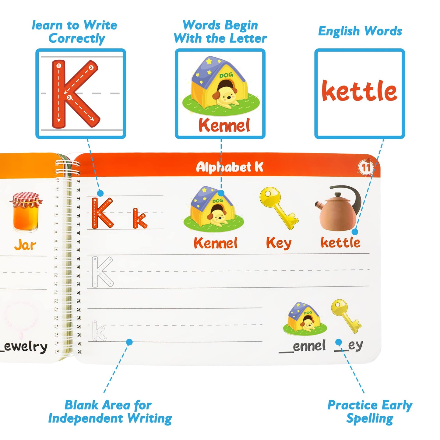 Handwriting Practice Book for Kids – 40-Page Montessori Learning Workbook for Letters, Numbers, Shapes & Sight Words with 8 Dry Erase Markers