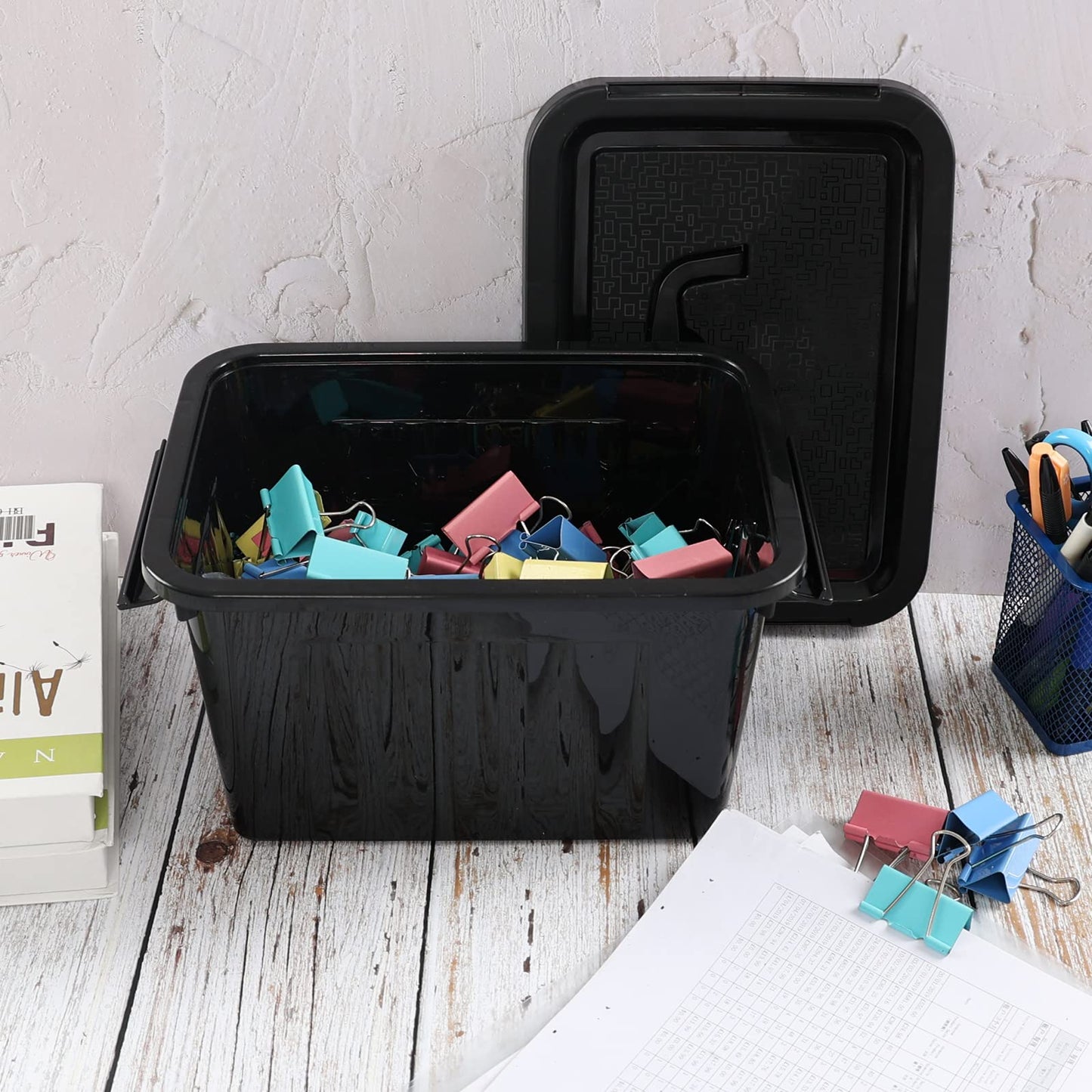 Kiddream Plastic Black Storage Bins with Handles, 6 Quart Latch Storage Boxes Set of 6