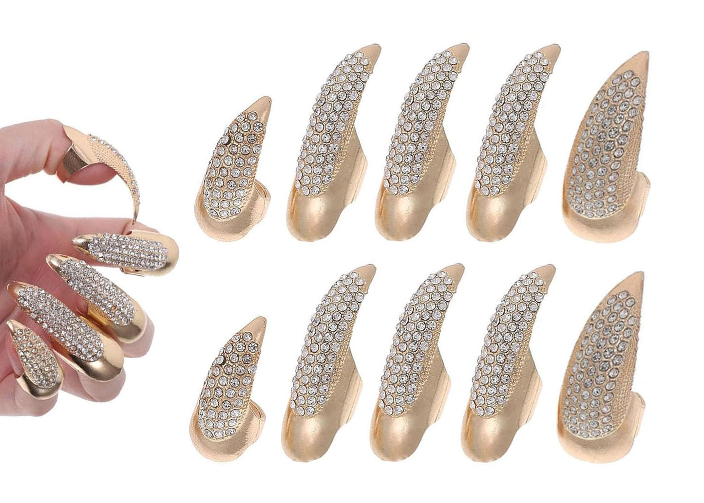 10 Pcs Halloween Costume Fake Finger Claws - Gothic Punk Cosplay Nail Rings - Sparkling Crystals Paved Party Accessories for Girls Women Men - Witch