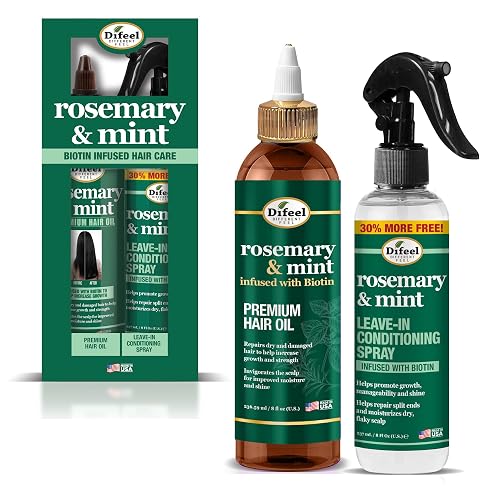 Difeel Rosemary & Mint Hair Care Set - 8oz Hair Oil and 8oz Leave-in Conditioning Spray in a Gift Box