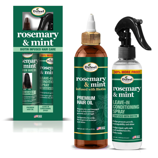 Difeel Rosemary & Mint Hair Care Set - 8oz Hair Oil and 8oz Leave-in Conditioning Spray in a Gift Box Beauty & Personal Care Difeel
