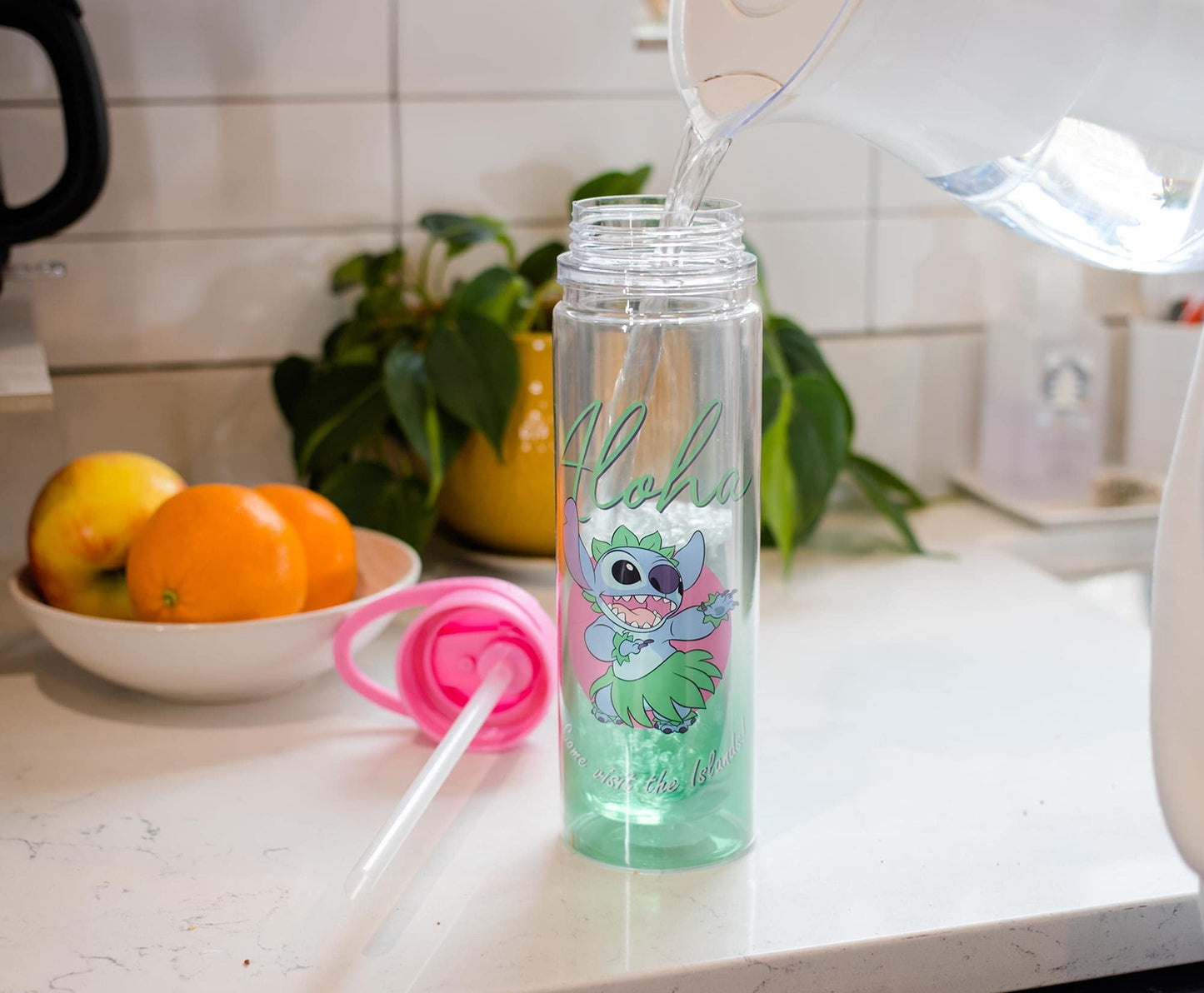 Silver Buffalo Lilo and Stitch Aloha Double Wall Tritan Water Bottle | BPA-Free Plastic Bottle With Screw Top And Flip-Up Straw Lid | Sports