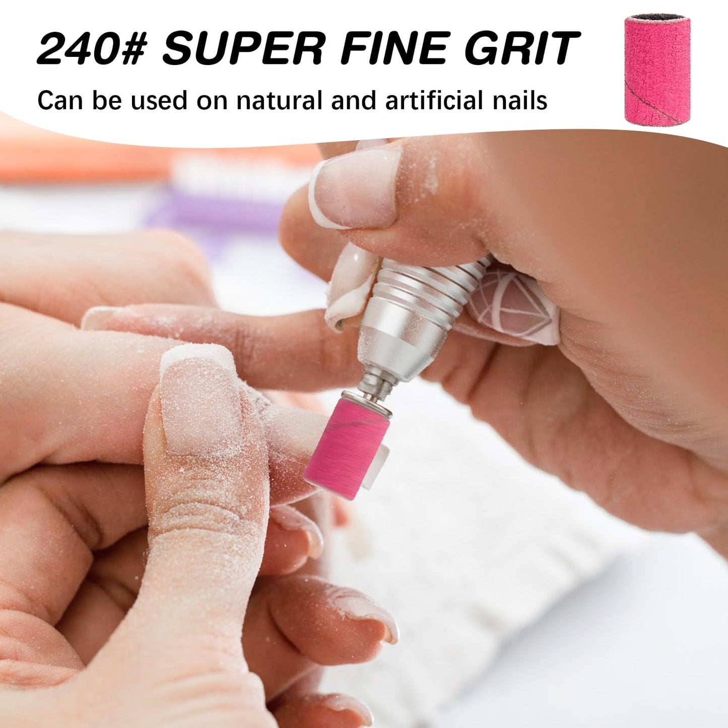 Rolybag Sanding Bands for Nail Drill 240 Grit Extreme Fine Nail Sanding Bands 200Pcs Pink Professional Sanding Bands and 2Pcs Nail Drill Bits