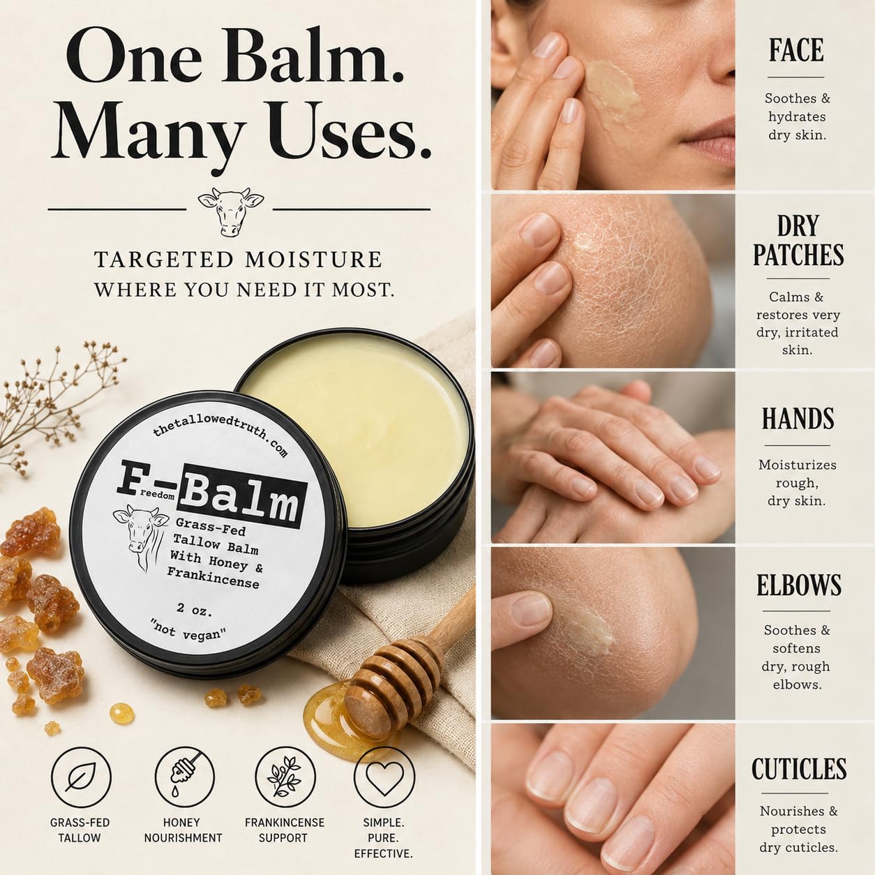 Tallowed Truth Original Tallow Balm - Grass-Fed Beef Tallow for Skin & Face - 5 Ingredient Moisturizer - 2 oz - Tallow Face Cream Made in Canada