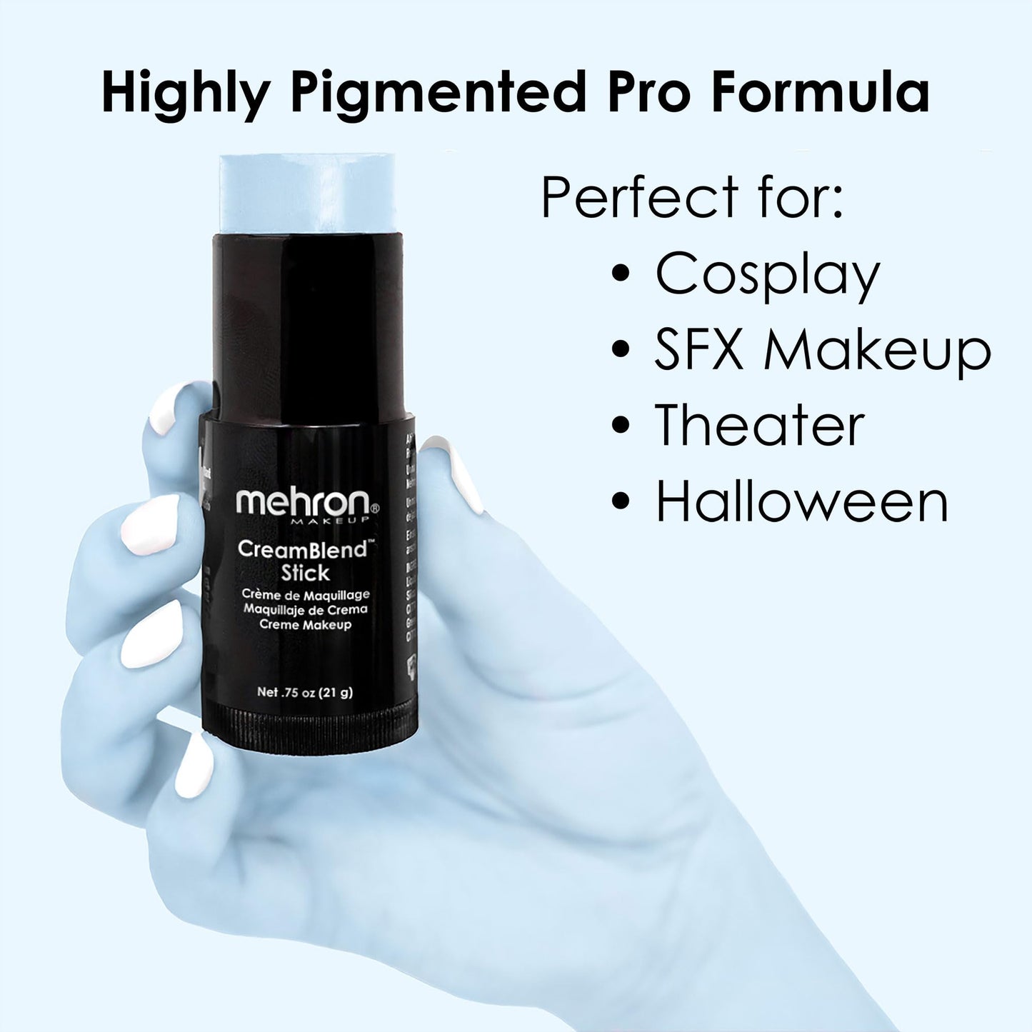Mehron Makeup CreamBlend Stick | Face Paint, Body Paint, & Foundation Cream Makeup | Perfect for Halloween .75 oz (21 g) (Pastel Blue) | Made in the