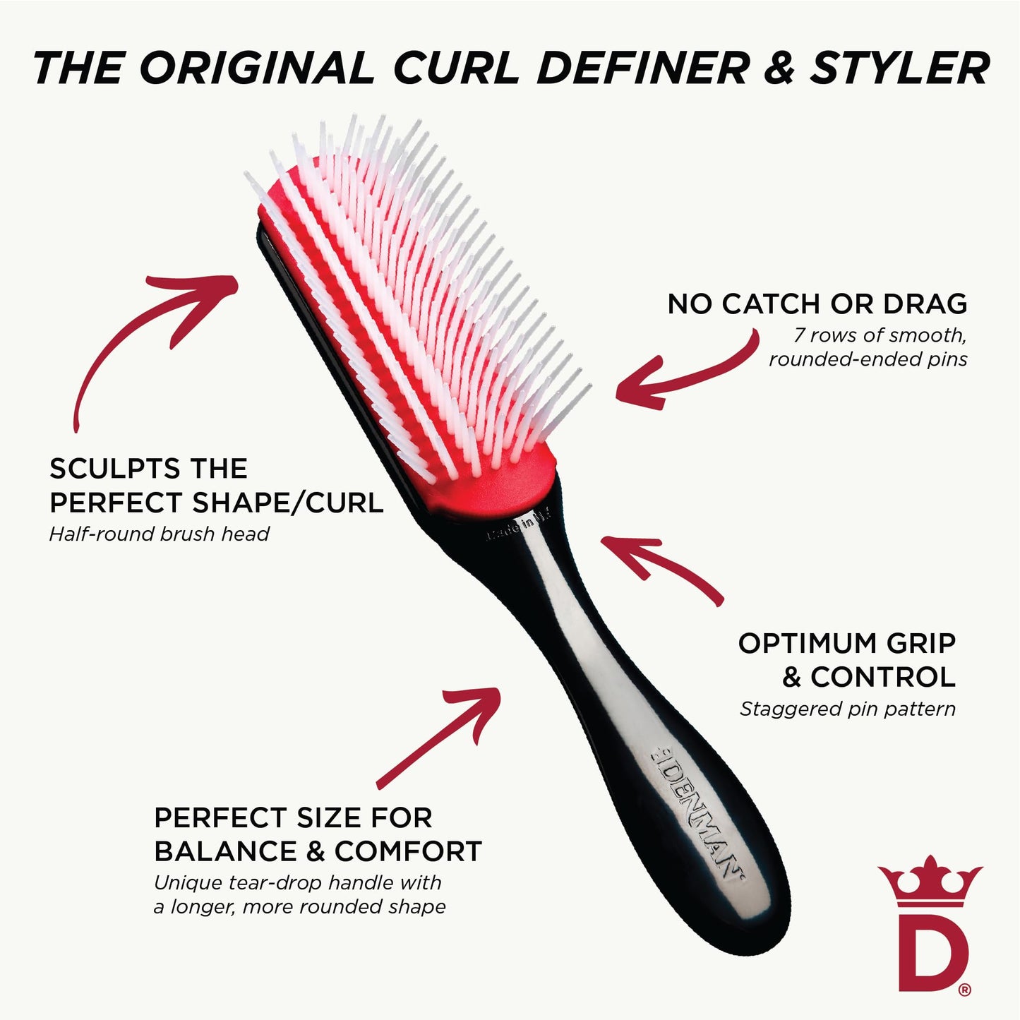 Denman Curly Hair Brush D3 (Black & Red) 7 Row Styling Brush for Detangling, Separating, Shaping and Defining Curls - For Women and Men Beauty and Personal Care Denman