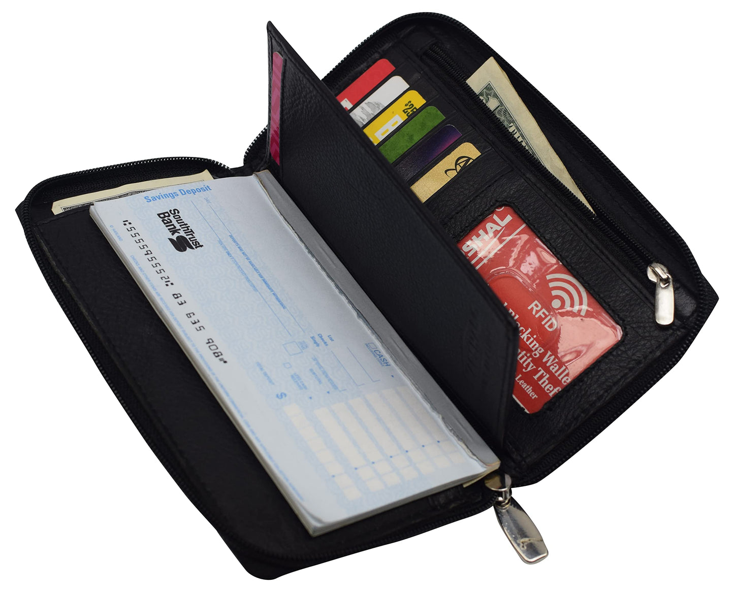 MARSHAL Genuine Leather Checkbook Cover Zippered (RFID Black)