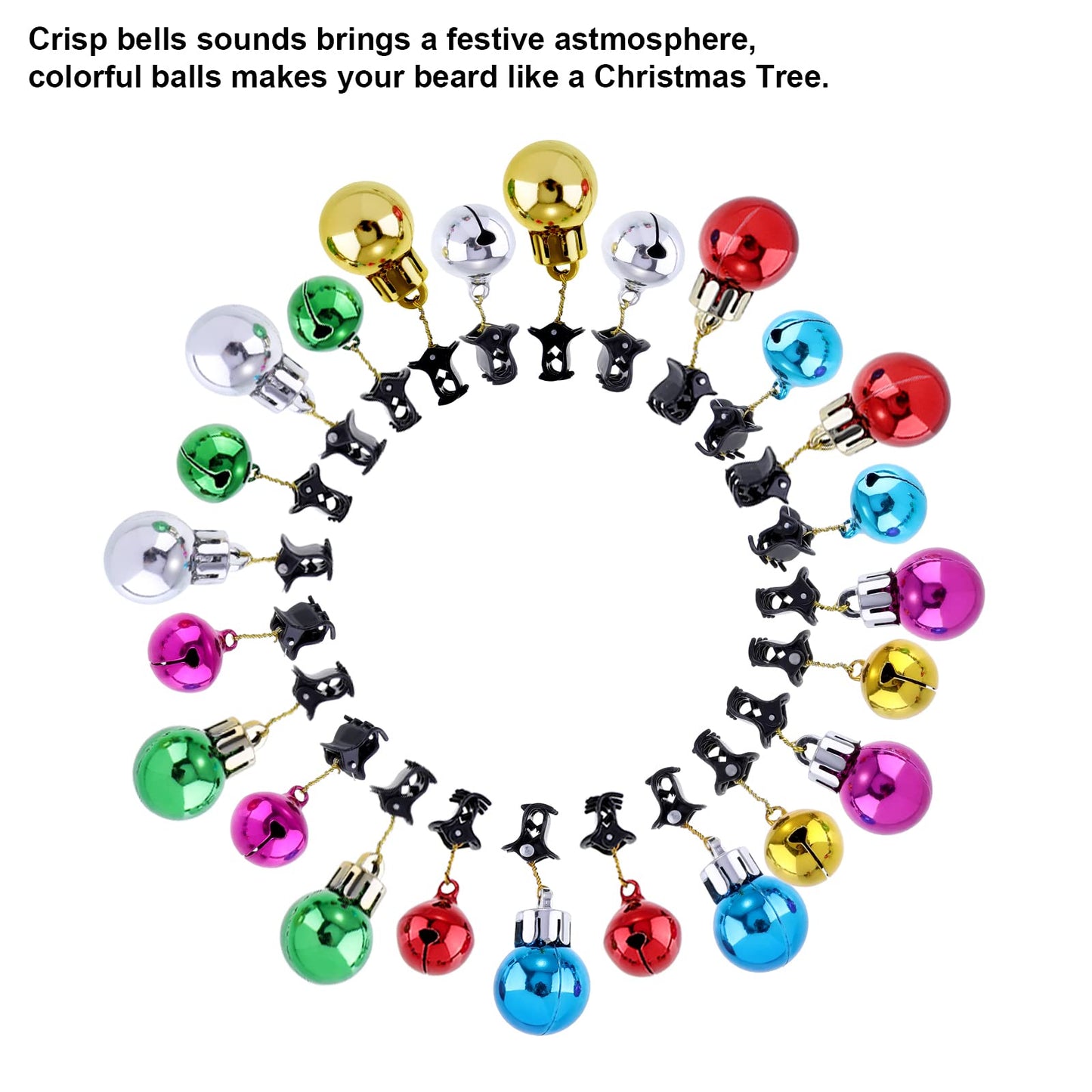 JOVITEC 24 Pcs Christmas Beard Ornaments Set Colorful Christmas Facial Hair Baubles and Beard Bells with Clips for Men Santa Claus Christmas New Year