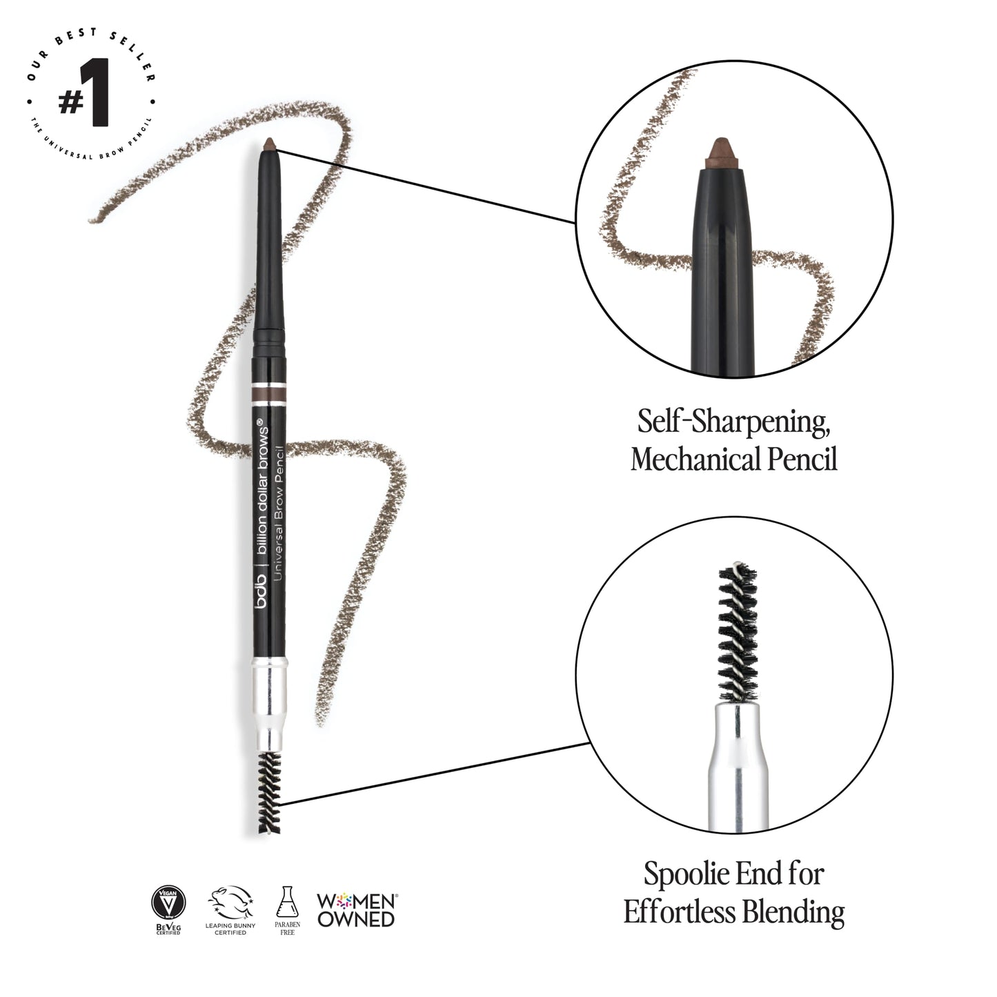 Billion Dollar Brows Universal Eyebrow Pencil - Dual-Ended Design with Precision Tip & Spoolie, Matte Finish, Waterproof, Easy to Use, Vegan
