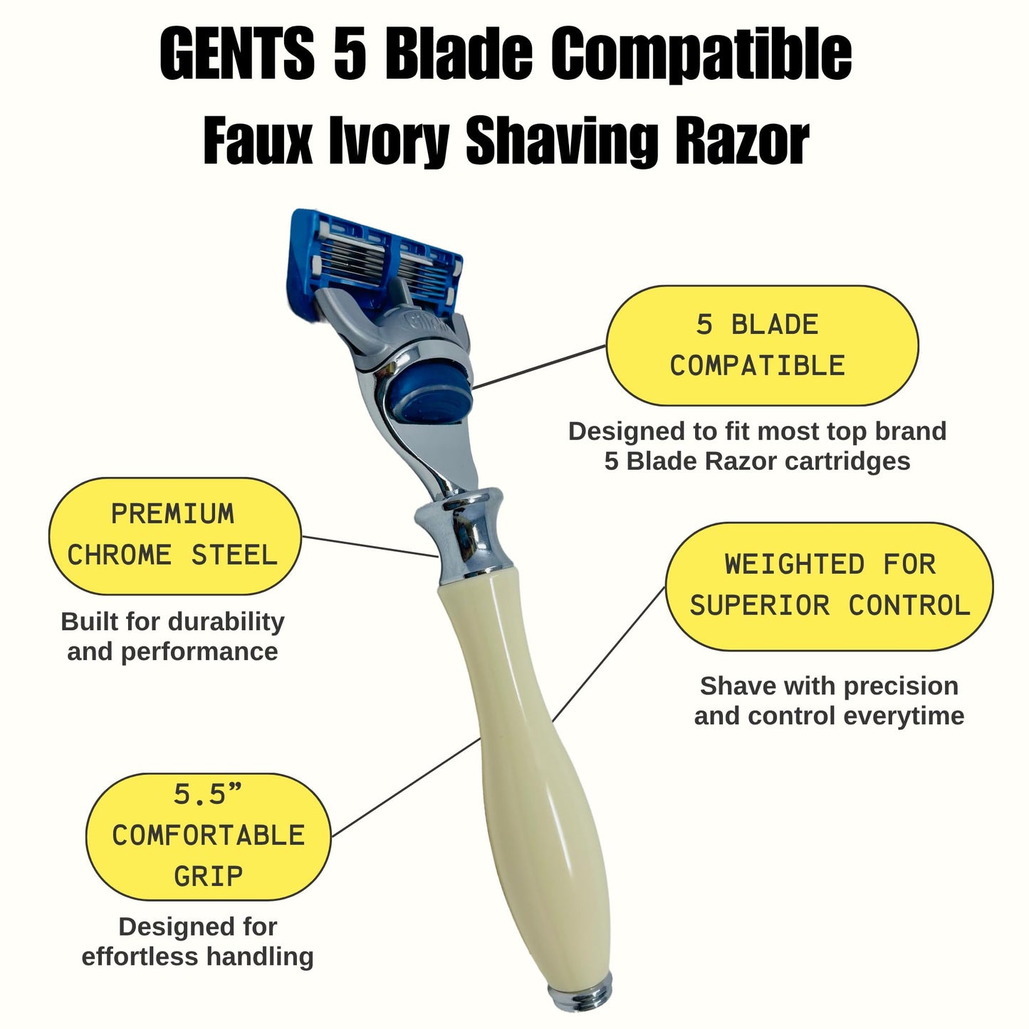 GENTS Men's Shaving Kit - 5 Blade Fusion Compatible Razor with Faux Ivory Handle, Sandalwood Shave Cream, Leather Case & Refill Cartridge - Premium Beauty and Personal Care G.B.S