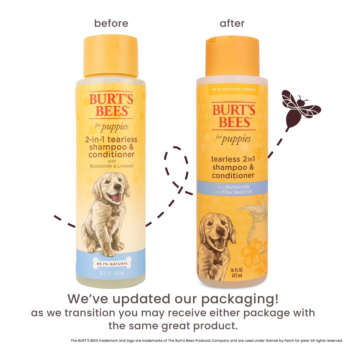 Burt's Bees Tearless Puppy Shampoo & Conditioner – 2-in-1 Gentle Formula with Buttermilk & Linseed Oil – 16oz, 95% Natural Origin