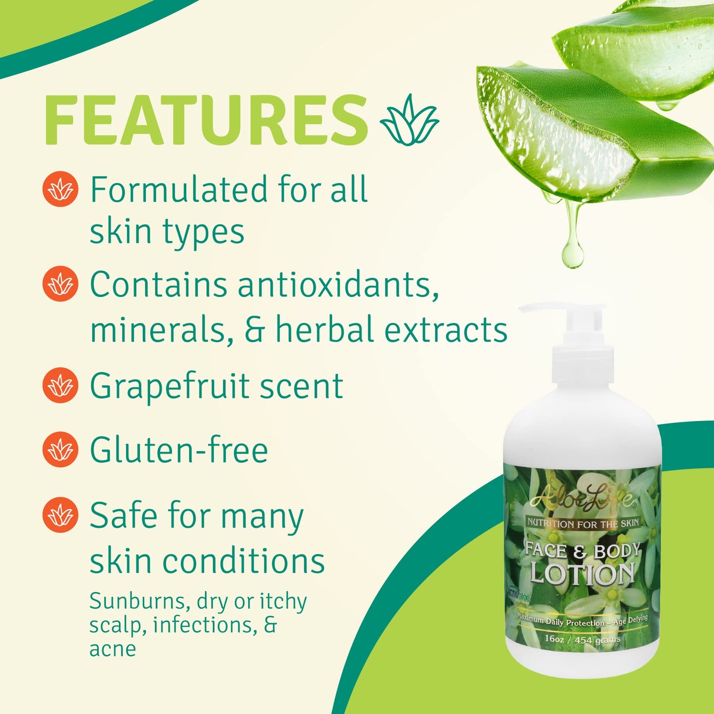 Aloe Life - Face & Body Lotion, Concentrated Formula, Hydrates Dry Skin, Contains Antioxidants, Minerals, & Herbal Extracts, Pleasant Grapefruit