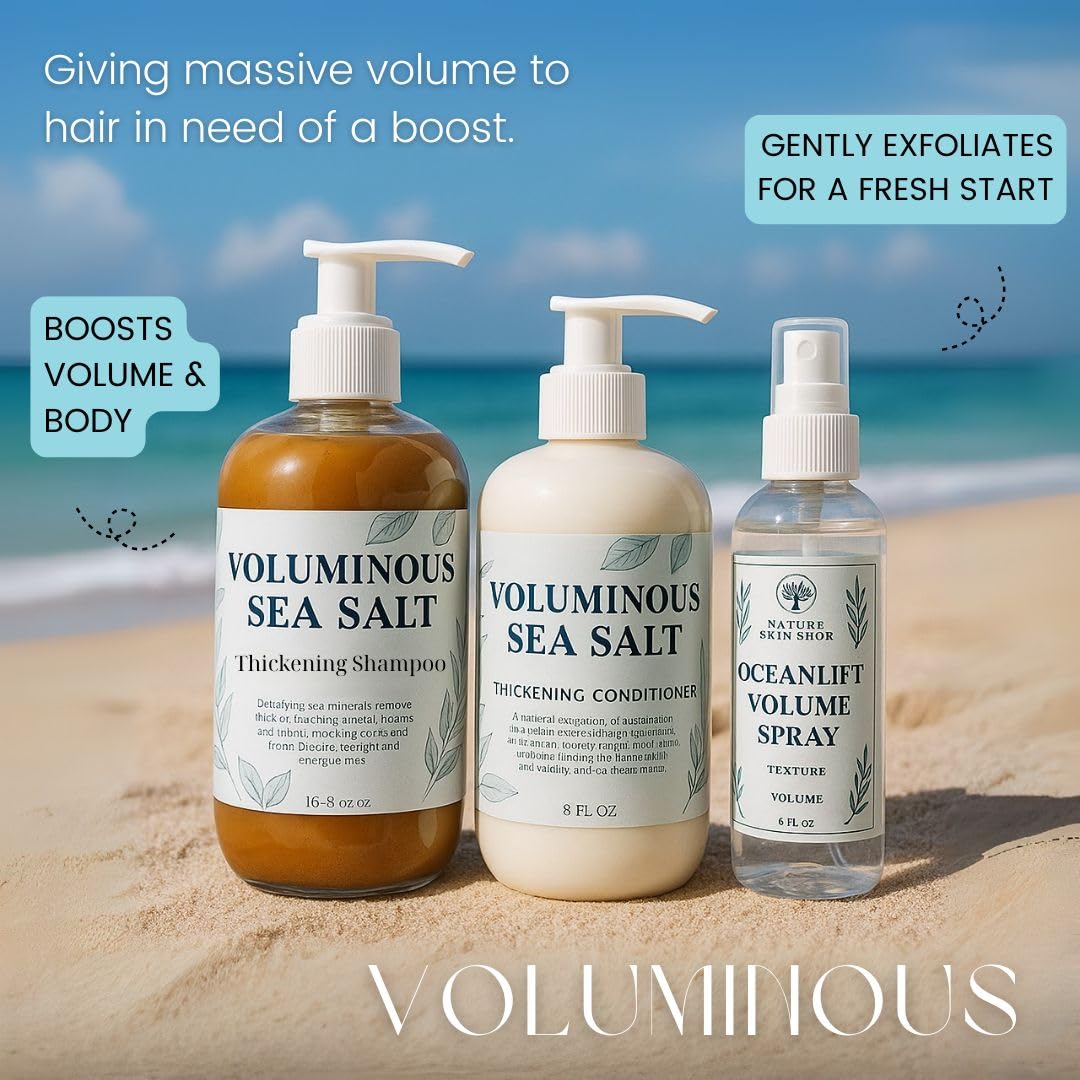 Nature Skin Shop Voluminous Hair System, 3-Piece Shampoo, Conditioner & OceanLift Spray Set for Instant Volume & Body, Thickening for Fine, Flat