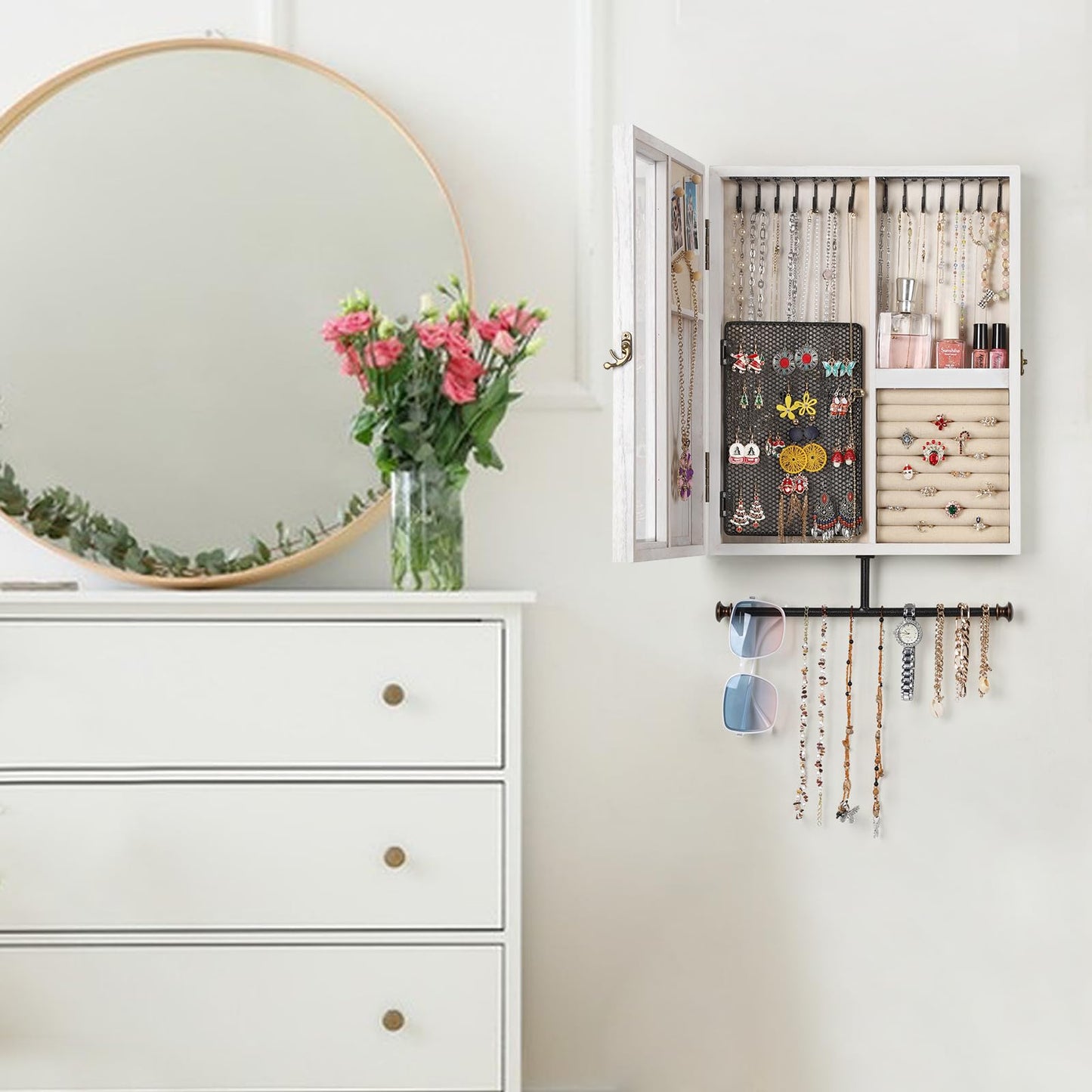 Keebofly Wall Mounted Jewelry Organizer With Rustic Wood Large Space Jewelry Cabinet, Holder, Storage Box for Necklaces, Earrings, Bracelets, Ring…