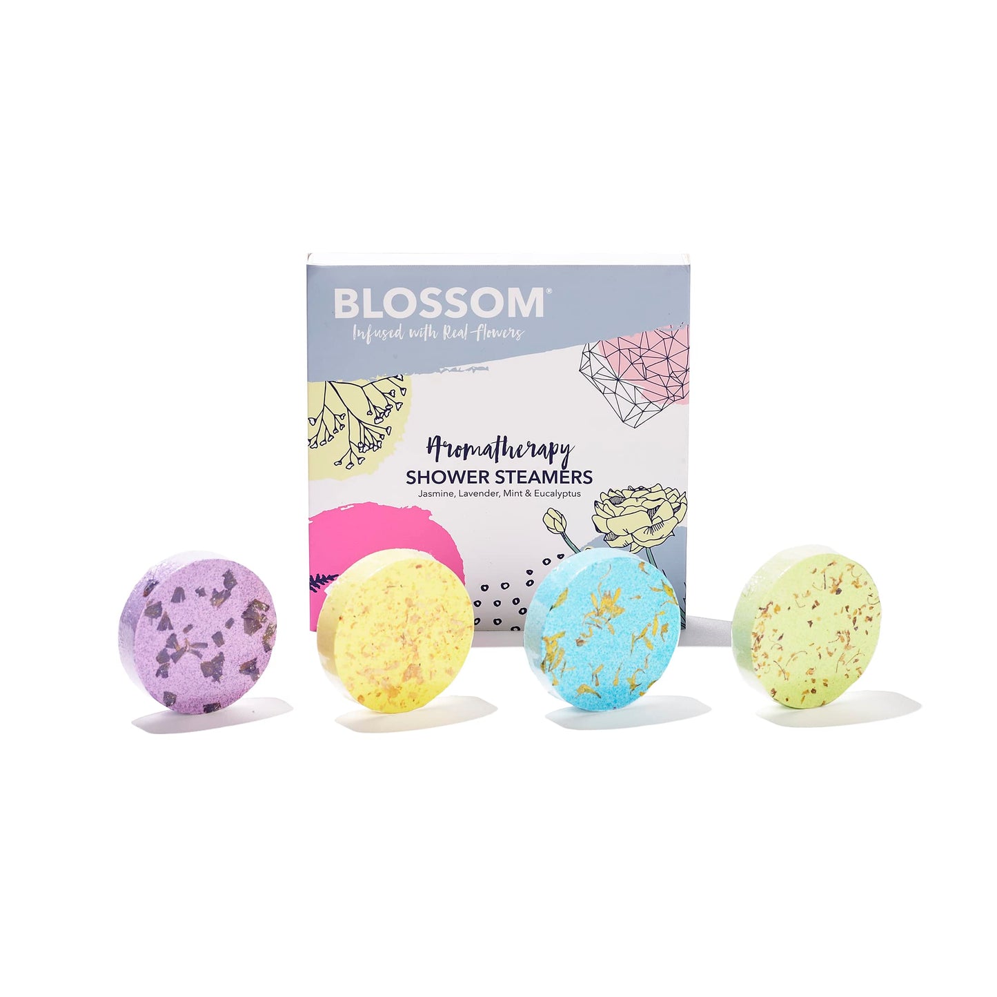 Blossom Aromatherapy Shower Steamers, Bath Bomb Tablets with Essential Oils for Stress Relief and Relaxation 4 Pack Box, Jasmine, Lavender, Mint…