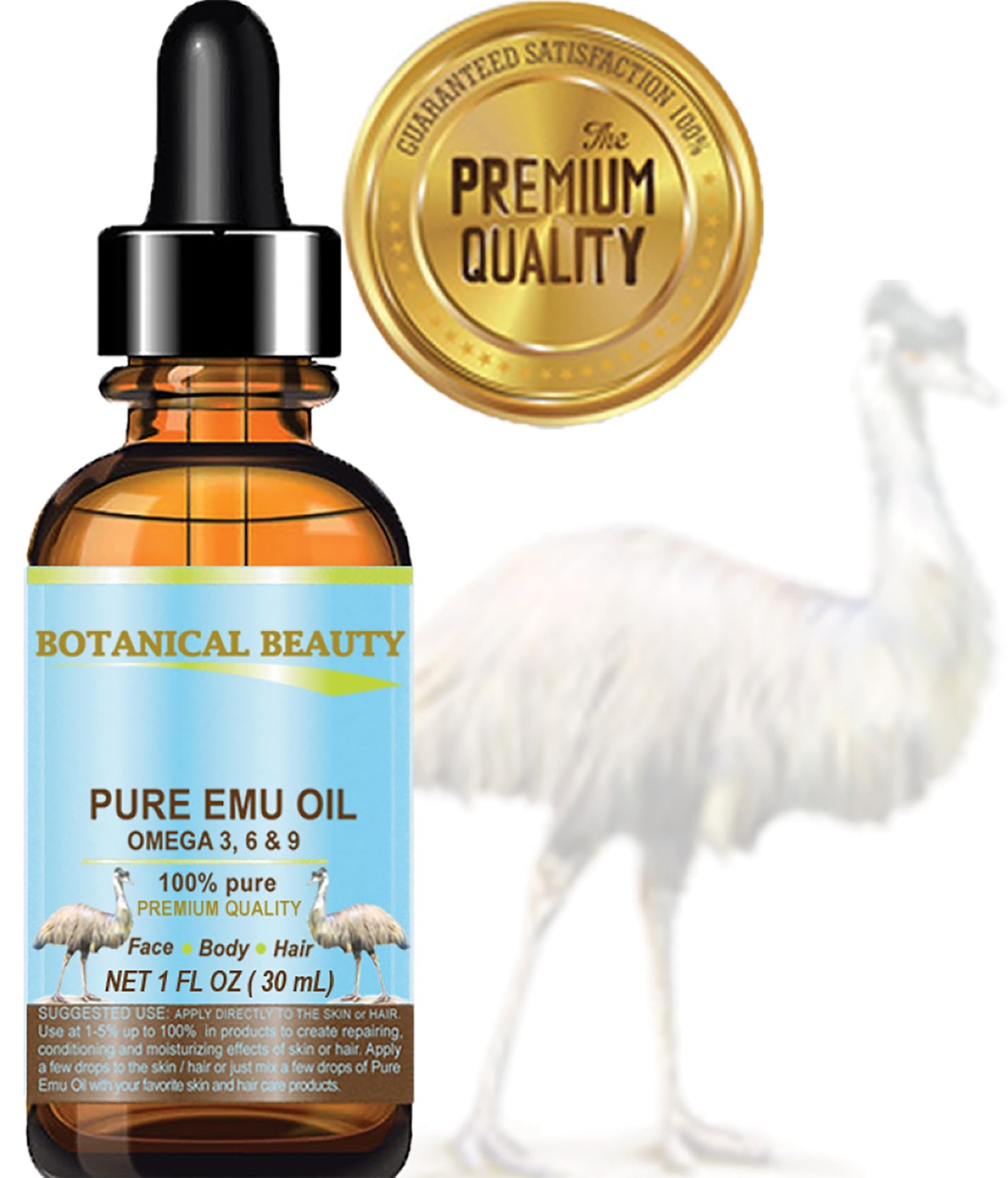 Botanical Beauty PURE EMU OIL 100% Natural UNREFINED for FACE, SKIN, BODY, HANDS, FEET, NAILS, HAIR, LIP CARE 1 Fl. oz. - 30 ml