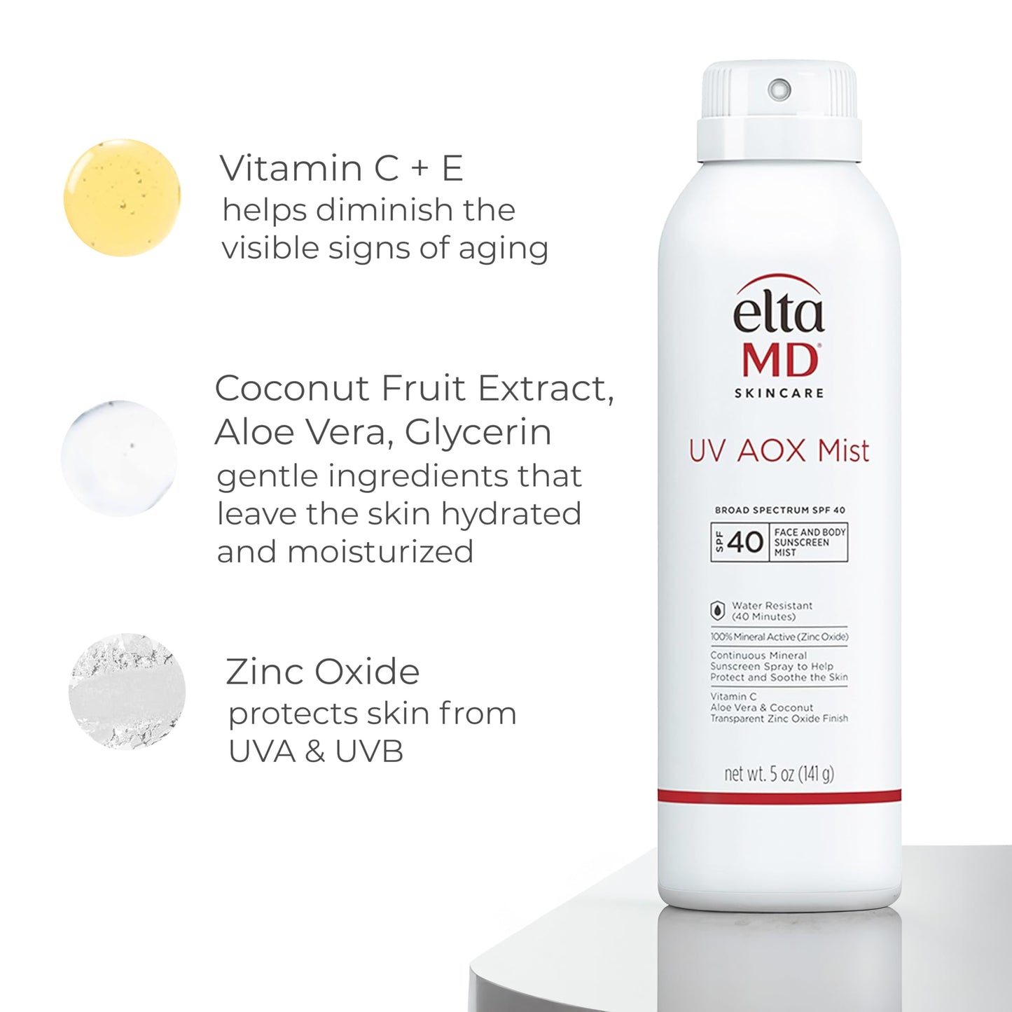 EltaMD UV AOX Mist Mineral Sunscreen Spray SPF 40, Broad Spectrum Face and Body Sunscreen with Zinc Oxide, 100% Mineral Active, Hydration Boost