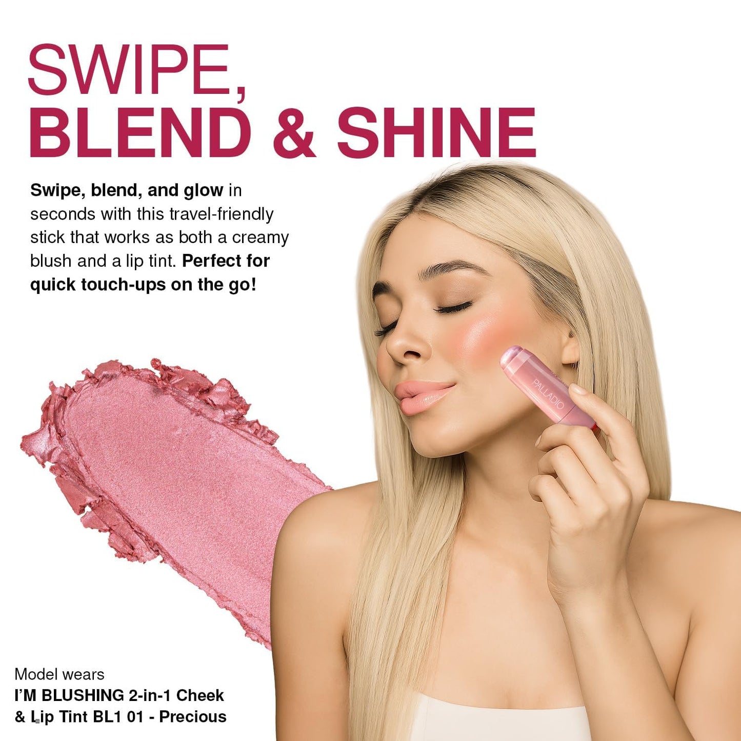 Palladio I'm Blushing 2-in-1 Cheek and Lip Tint, Buildable Lightweight Cream Blush, Sheer Multi Stick Hydrating formula, All day wear, Easy