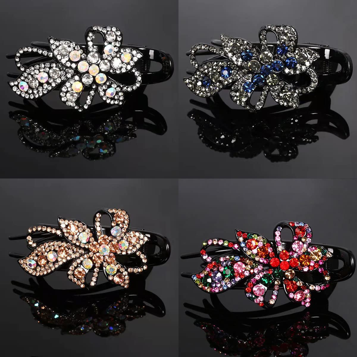 Yusier 4pcs Sparkling Rhinestone Duckbill Clips Decorative Hair Clips for Fine Hair Bling Crystal Prom Barrettes Diamond Hair Clips with Flower Hair