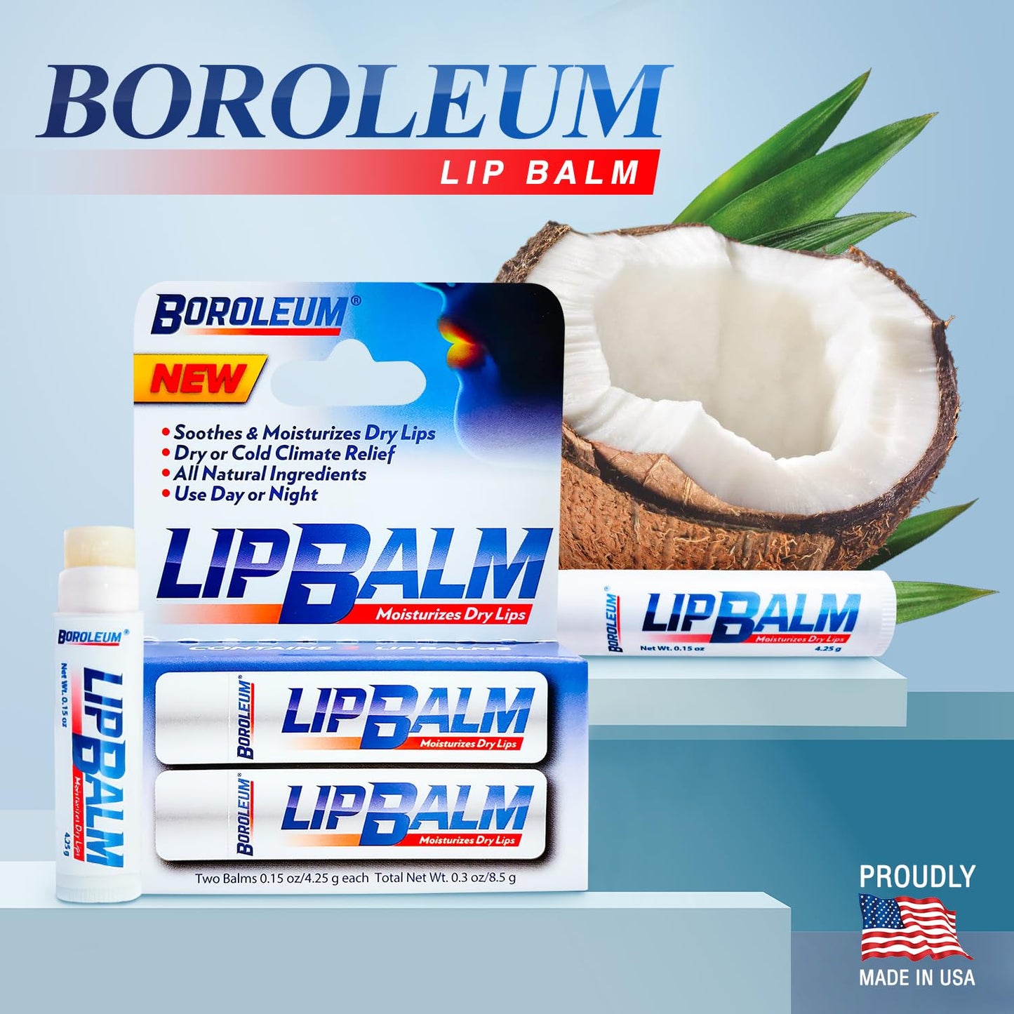 Natural Lip Balm by Boroleum | Best Chapped Lip Moisturizer for Dry Cracked Lips | All Natural Ingredients for Men Women and Kids | 4.25 gr. Tubes, 2