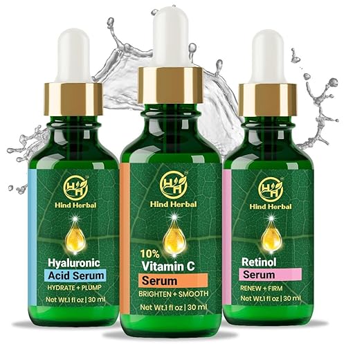 Hind Herbal Improved Vitamin C Hyaluronic Acid Retinol Serum Set of 3 (1 Fl Oz each) Brightening, Face Firming, Hydrating Skincare Routine Kit, Anti