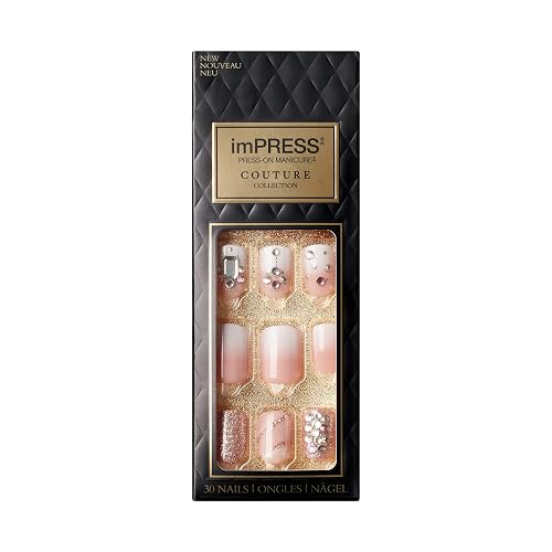KISS imPRESS Couture Collection Press-On Manicure, Woo, with Jewelled Accents, Includes 30 Fake Nails, Prep Pad, Mini File, and Cuticle Stick Beauty & Personal Care KISS