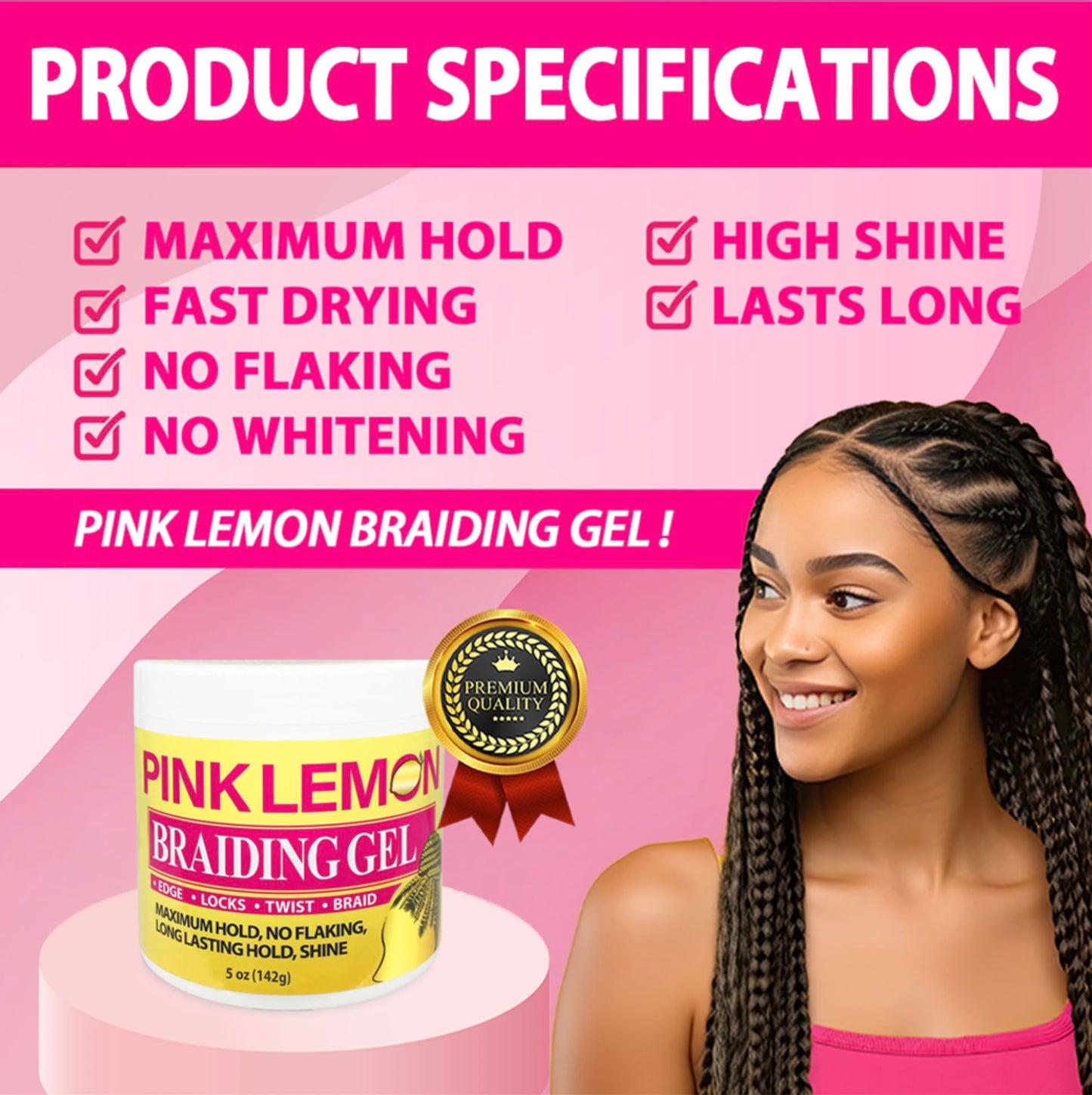 PINK LEMON Braiding Gel (5 oz) - Maximum Hold, No Flaking, Long Lasting Hold, High Shine. For Micro, Inter, Dread, Faux, Loc, Twist, Braid, Edge.
