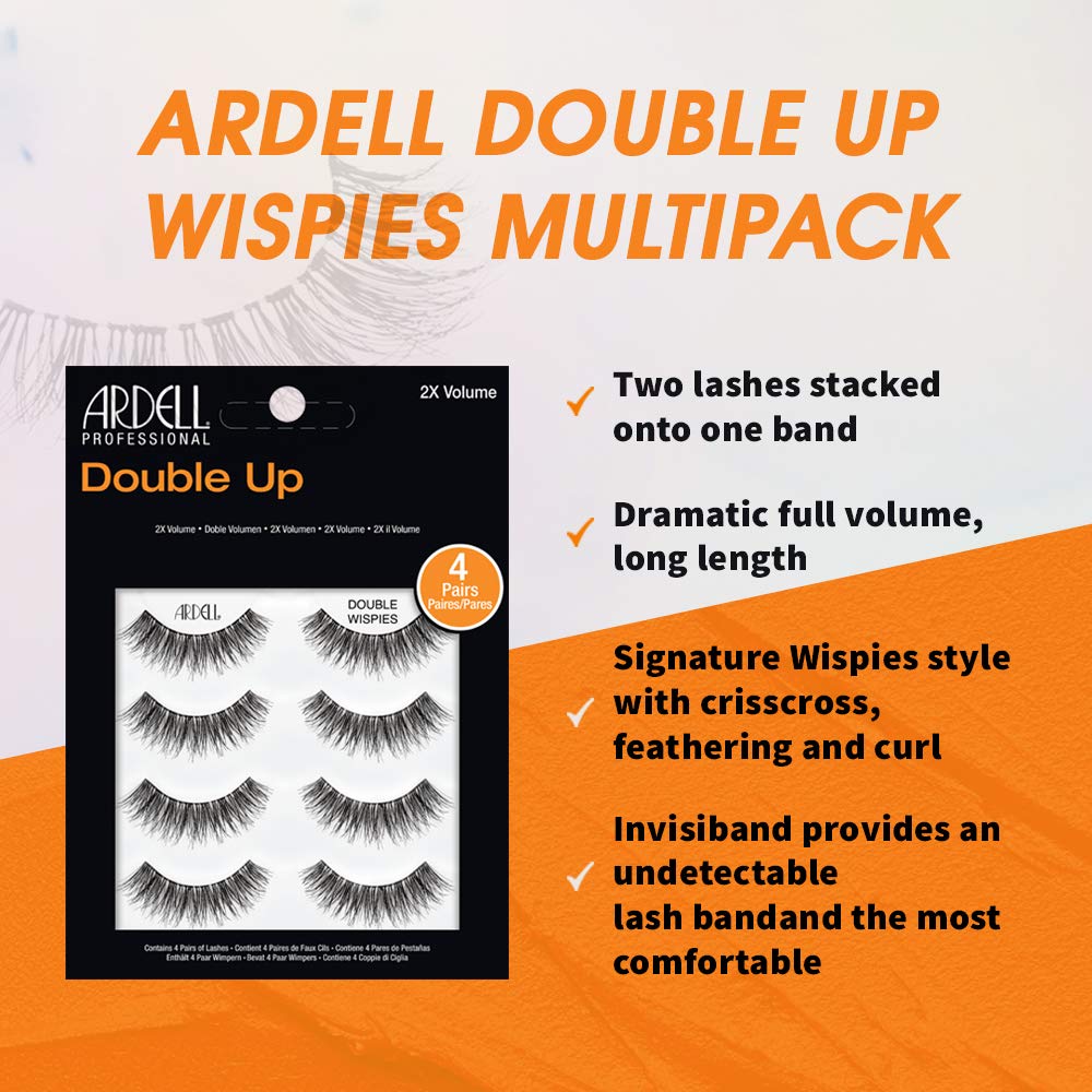 Ardell Double Up Wispies False Eyelashes, Dramatic Full Volume Wispy Lashes, Reusable and Easy to Apply, Black, 4 Pairs