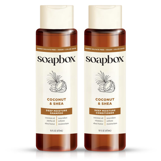 Soapbox Coconut & Shea Shampoo & Conditioner Set, For Dry, Damaged Hair - Nourishes & Moisturizes Hair - Clean Ingredients Free of Harsh Chemicals