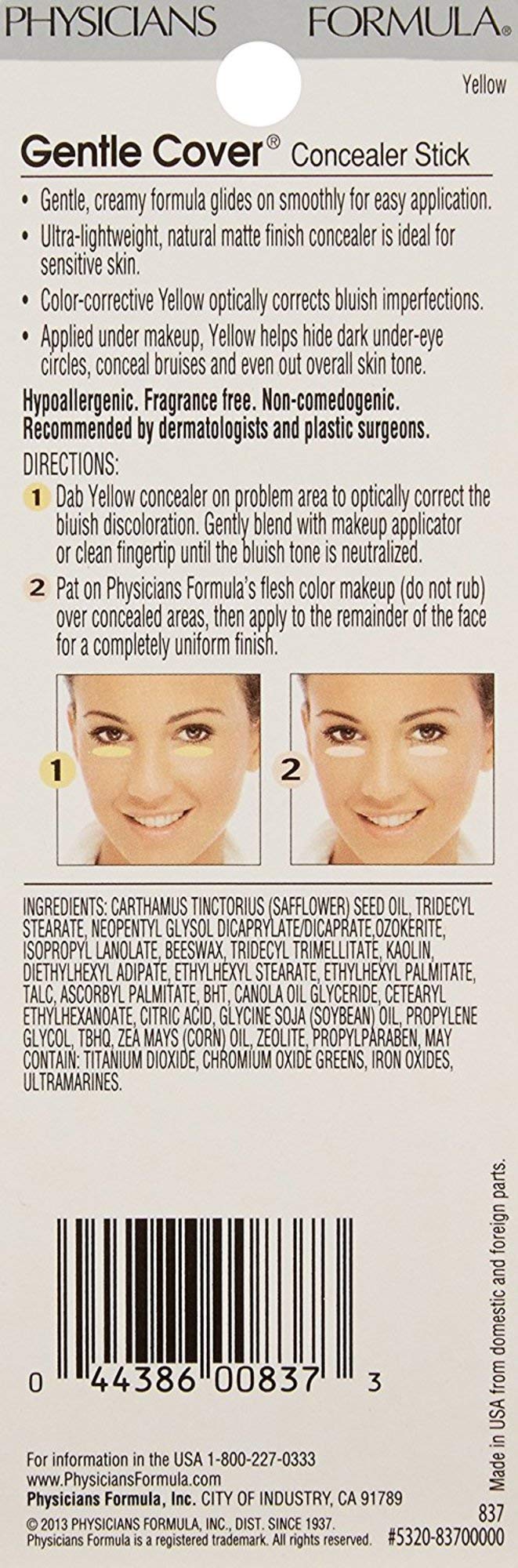 Physicians Formula Gentle Cover Concealer Stick, Yellow For Blemishes, Under-Eye Circles & Skin Imperfections