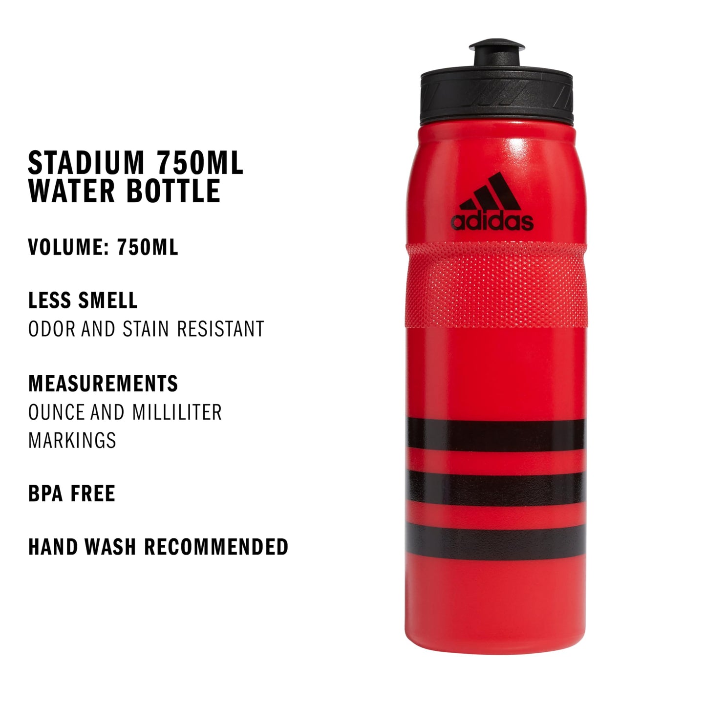 adidas 750 ML (28 oz) Stadium Refillable Plastic Sport Water Bottle, Scarlet Red/Black, One Size