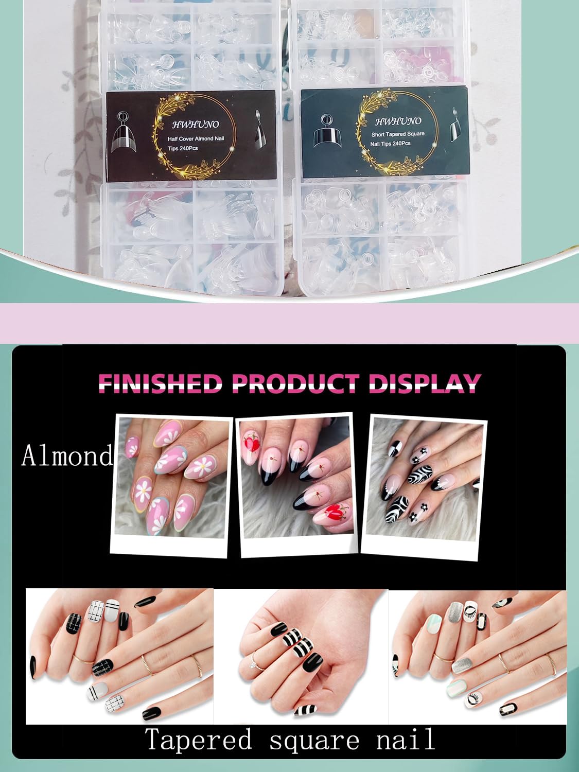 HWHUNO 480Pcs Extra Short Half Cover Almond & Tapered Square Nail Tips Beauty and Personal Care HWHUNO