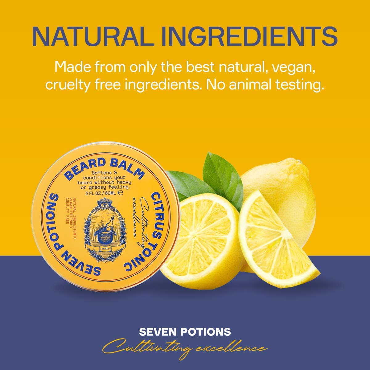 SEVEN POTIONS Beard Balm for Men - Conditioning Softener to Nourish Skin, Facial Hair, and Stop Beard Itch - All-Natural, Vegan, Cruelty Free - Citrus