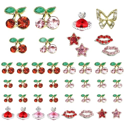 qiipii 42 Pcs 3D Cherry Nail Charms Heart Planet Star Lips Valentines Day Charms for Nails Kawaii Nail Rhinestones Gems Studs Cute Shiny Diamonds Beauty & Personal Care qiipii