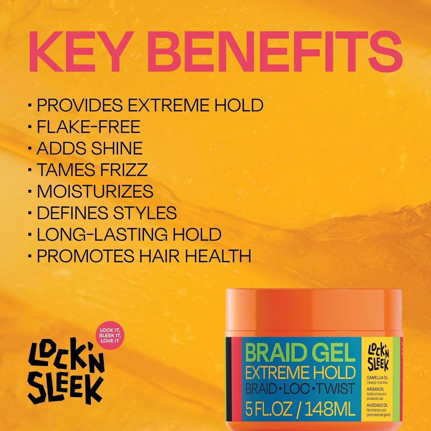 LOCK'N SLEEK Braid Gel (15 oz), Extreme Hold, Flake-Free, High Shine Edge Control - Argan, Camellia, Avocado Oil - For Locks, Braids, Twists, Cornrows