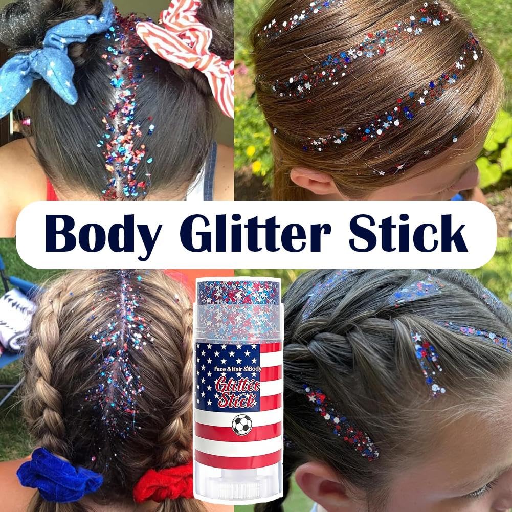 Patriotic Body Glitter Stick, 4th of July Anniversary Accessories, Waterproof Sparkling Face Hair Glitter for Fourth of July Outfit Women Kids, Red