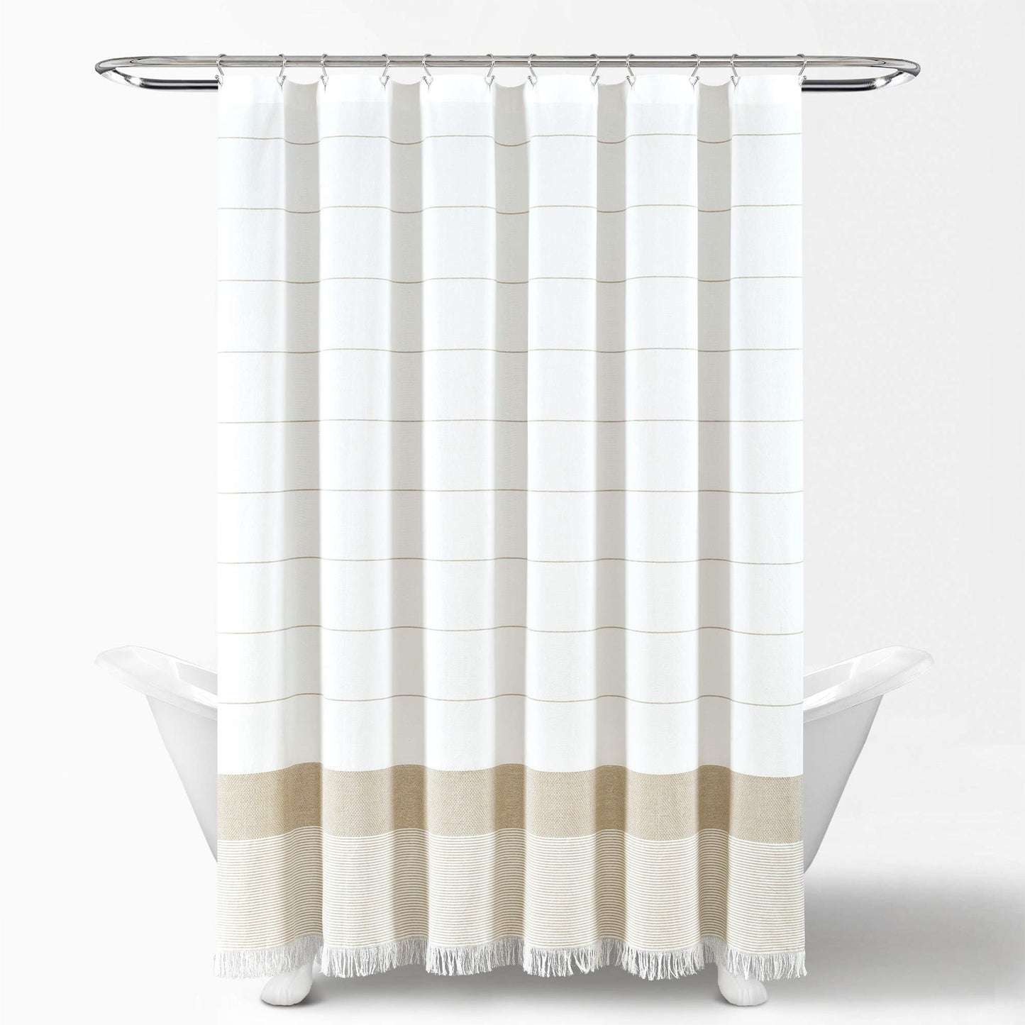 Lush Decor White Woven Cotton Shower Curtain with Taupe Stripe and Tassel Fringe, Bathroom Accessories (72" x 72")