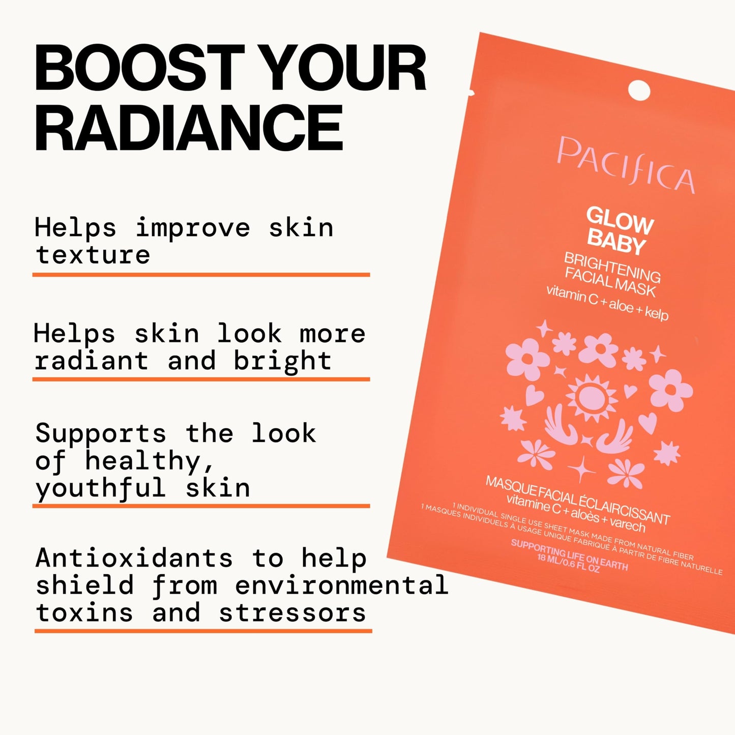 Pacifica Sheet Face Mask - Glow Baby Brightening Facial Mask w/Vitamin C, Aloe & Kelp - Cooling Mask for Dark Spots & Fine Lines - Clean Beauty Vegan