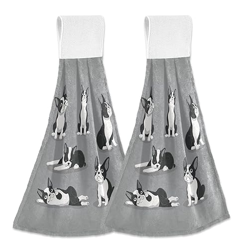 Aslsiy Boston Terrier Dog Hanging Kitchen Towels Cute Puppy Hand Tie Towel Fast Drying Dish Tea Towels for Bath Tabletop Gym Home Decor Set of 2