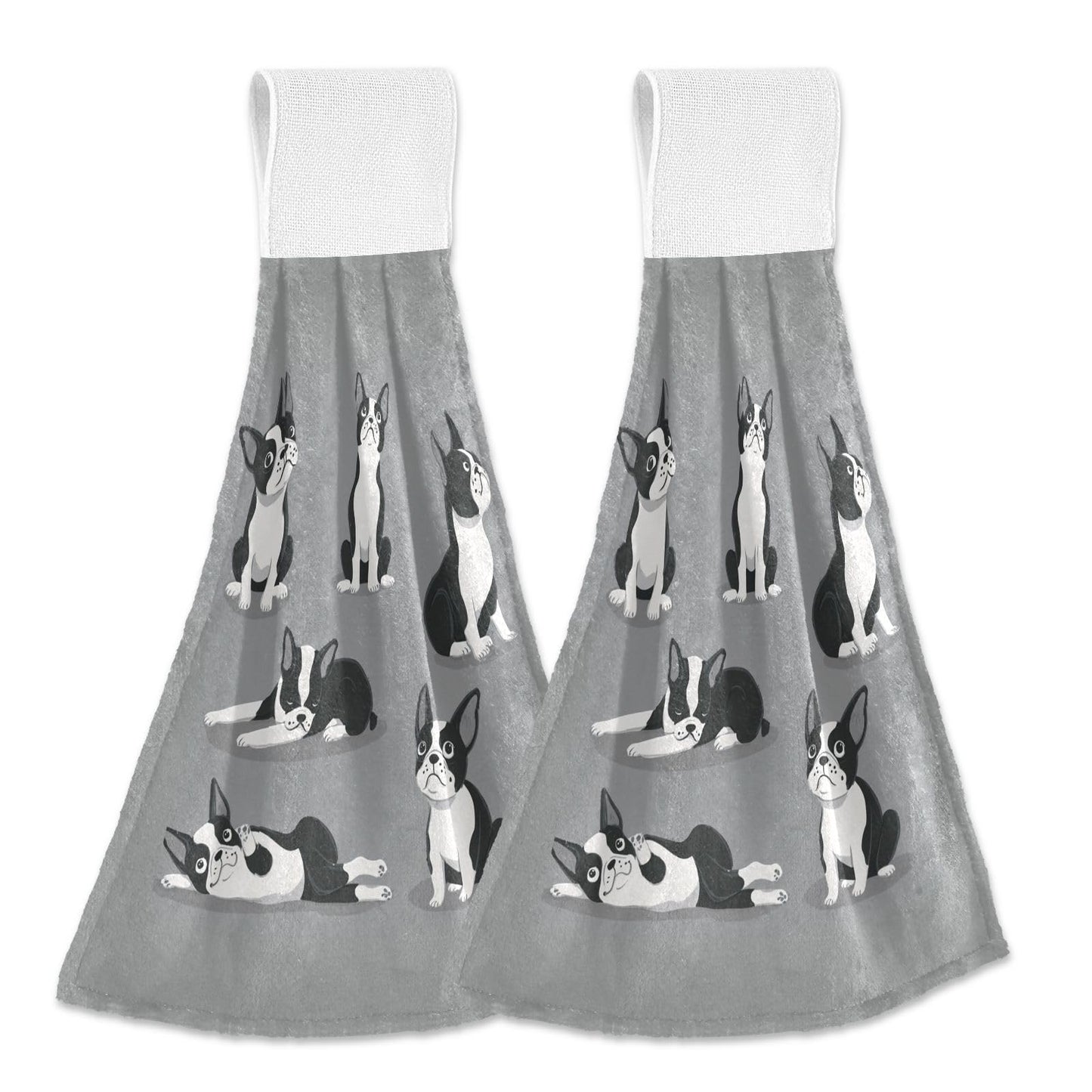 Aslsiy Boston Terrier Dog Hanging Kitchen Towels Cute Puppy Hand Tie Towel Fast Drying Dish Tea Towels for Bath Tabletop Gym Home Decor Set of 2